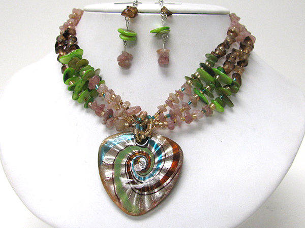 Triangle murano glass pendant and chip stone necklace earring set