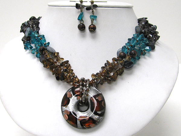 Animal print and donut shape murano glass pendant and chip stone necklace earring set