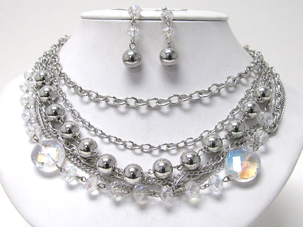 Multi glass and metal ball link chain necklace earring set