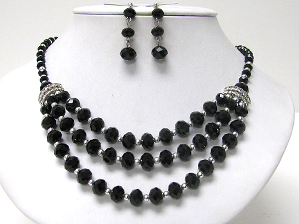 Three layered glass bead link necklace earring set