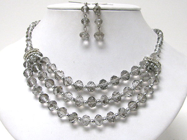 Three layered glass bead link necklace earring set