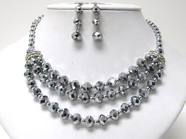 Three layered glass bead link necklace earring set