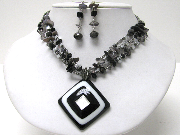 Black and white accent murano glass pendant and chip stone necklace earring set