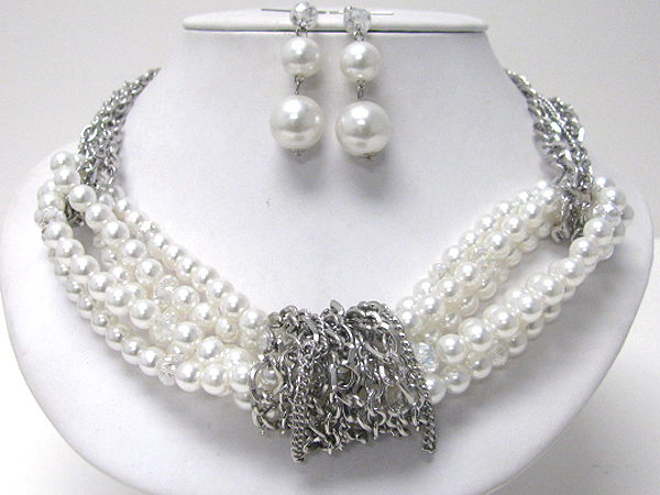 Multi pearl and metal chain mix necklace earring set