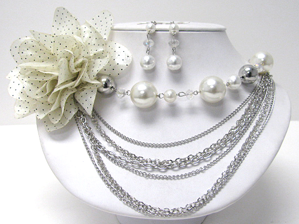 Multi metal and pearl chain and fabric flower corsage necklace earring set