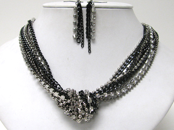 Multi metal and rhinestone chain and knot necklace earring set