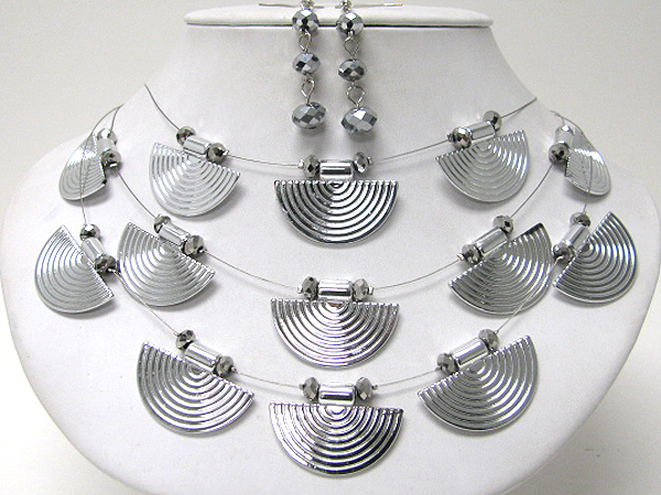 Multi metal half disk and triple wired illution necklace earring set