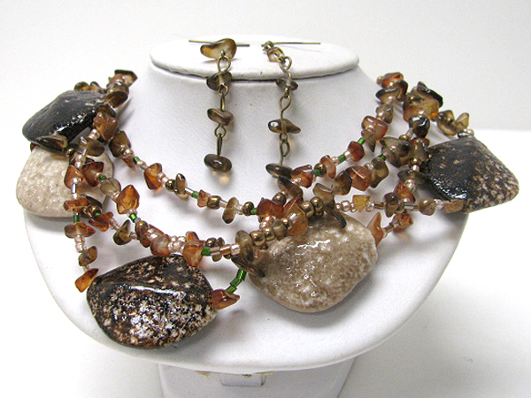 Multi murano glass and chip stone triple layer necklace earring set