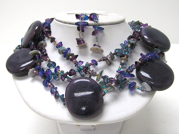 Multi murano glass and chip stone triple layer necklace earring set