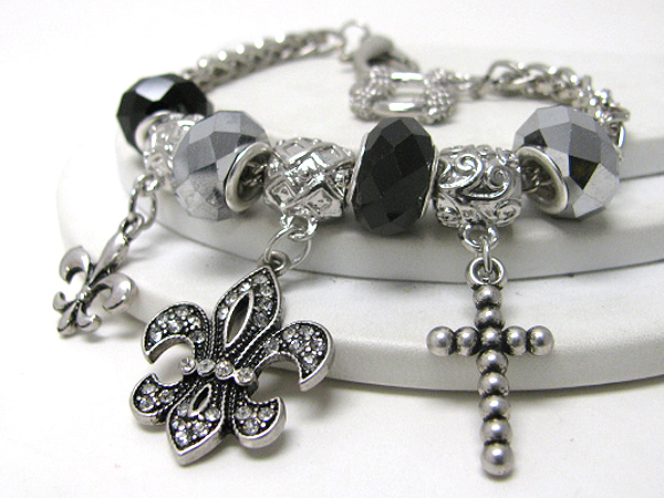 Cyrstal deco fluer de lis and cross charm bracelet