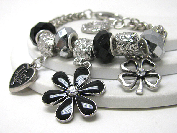 Crystal center flower and heart charm bracelet