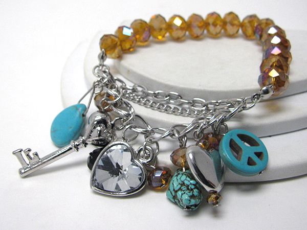 Turquoise stone and key heart and mixed charm glass beads stretch bracelet