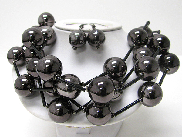 Multi architectural metal ball and metal tube link necklace earring set