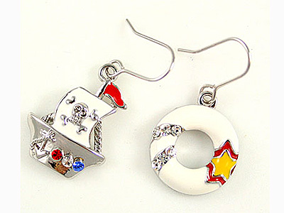 Made in korea whitegold plating crystal stud enamel pirate ship earring