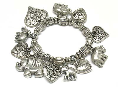 Casting metal heart and elephant charms stretch bracelet