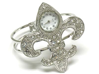 Crystal stone deco fleur de lis shape hinge watch