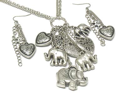 Metal elephant and heart charms necklace and earring set 