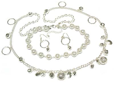 Metal ball and ring charm and pearl bead double strand  long necklace and earring set 