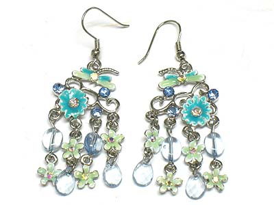 Enamel cover flower and acryl bead drop earring 