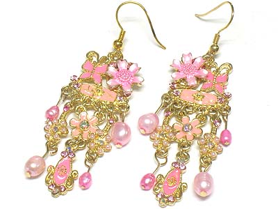 Enamel cover flower and acryl bead drop earring 