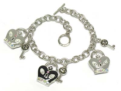 Crystal deco heart lock and key toggle bracelet 