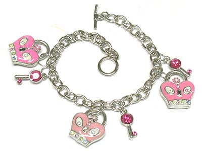 Crystal deco heart lock and key toggle bracelet