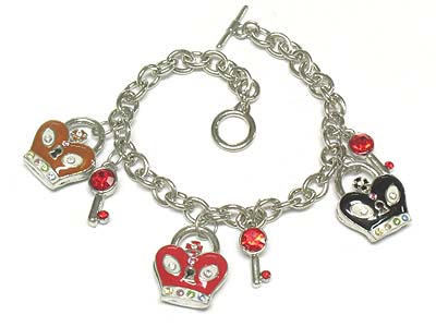 Crystal deco heart lock and key toggle bracelet 