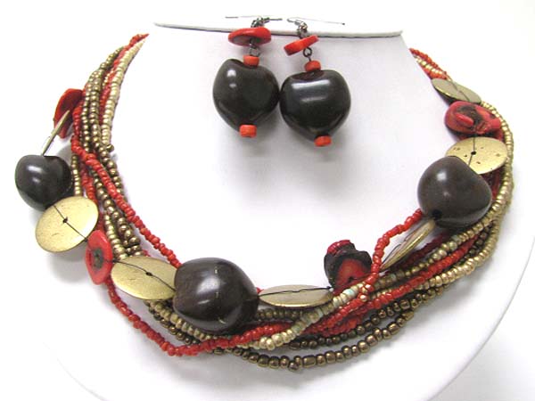 Multi strand kukui nut and seed beads necklace earring set