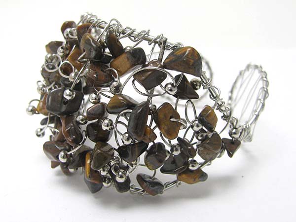 Natural chip stone and metal wired cuff bangle