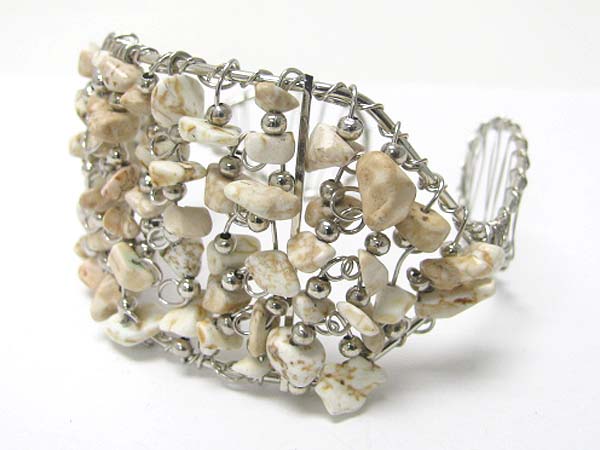 Natural chip stone and metal wired cuff bangle