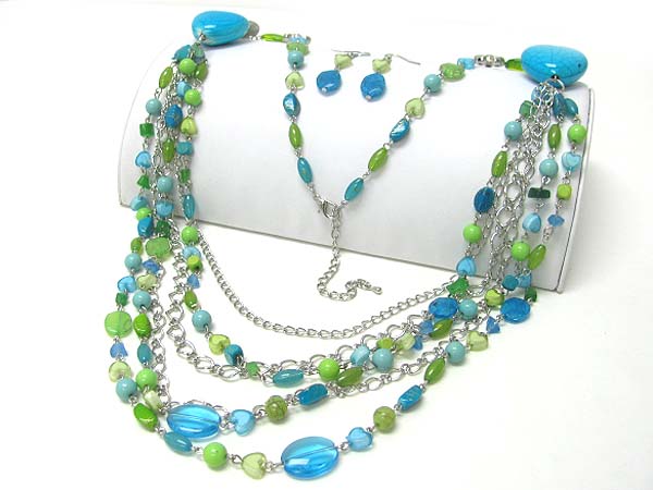 Multi layer mixed beads long necklace earring set