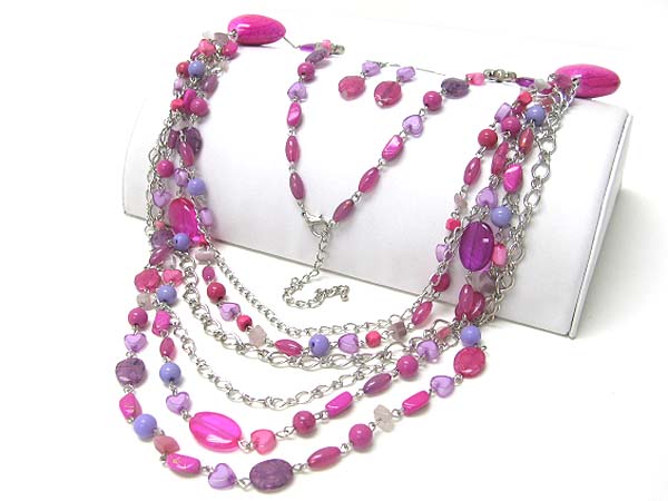 Multi layer mixed beads long necklace earring set