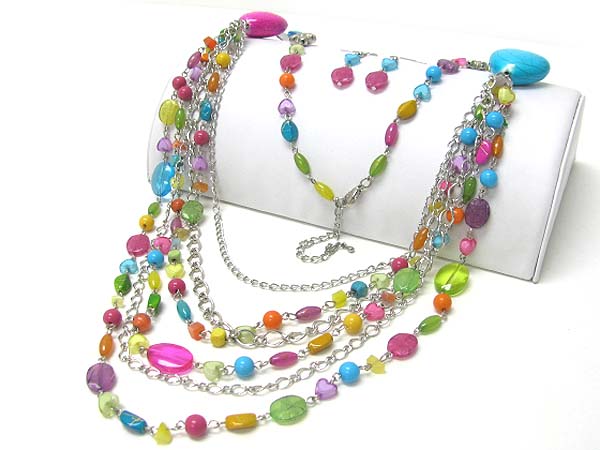 Multi layer mixed beads long necklace earring set