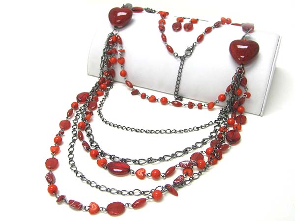 Multi layer mixed beads long necklace earring set