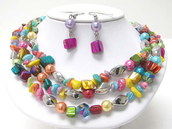 3 row sea shell and mixed beads necklace earring set