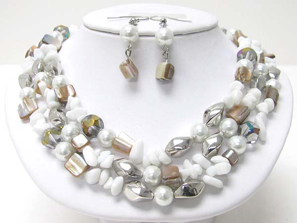 3 row sea shell and mixed beads necklace earring set