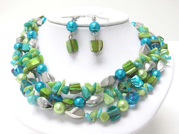 3 row sea shell and mixed beads necklace earring set