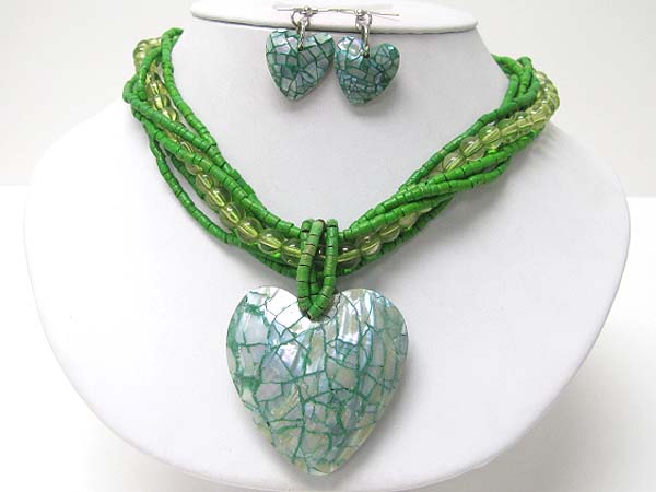 Shell heart pendant and wood and glass mix braided neckalce earring set