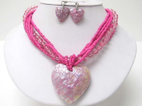 Shell heart pendant and wood and glass mix braided neckalce earring set