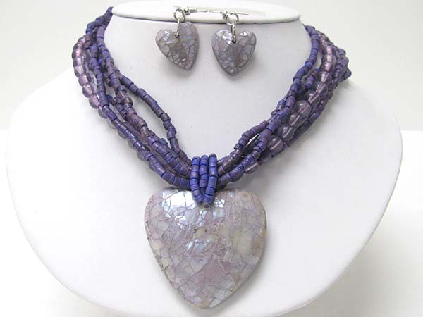 Shell heart pendant and wood and glass mix braided neckalce earring set