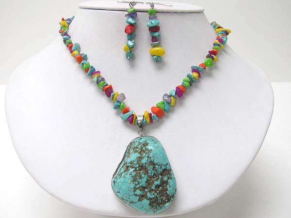 Chunky natural stone pendant necklace earring set