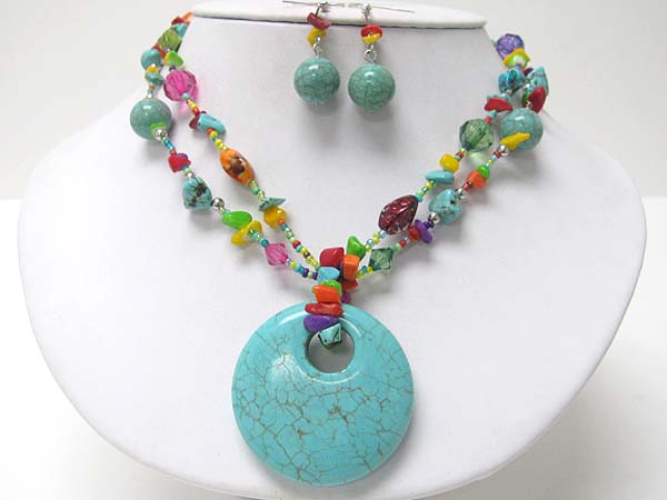 Round turquoise stone pendant necklace earring set