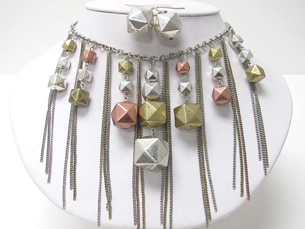 Pyramid metal beads and chain fringe drop neckale eqarring set