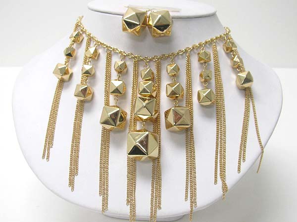 Pyramid metal beads and chain fringe drop neckale eqarring set