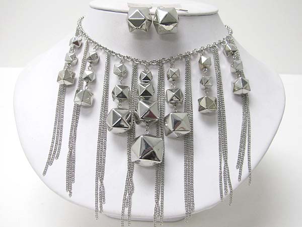 Pyramid metal beads and chain fringe drop neckale eqarring set