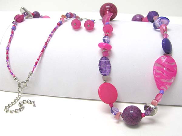 Ceramic and acryl mixed beads long necklace earring set