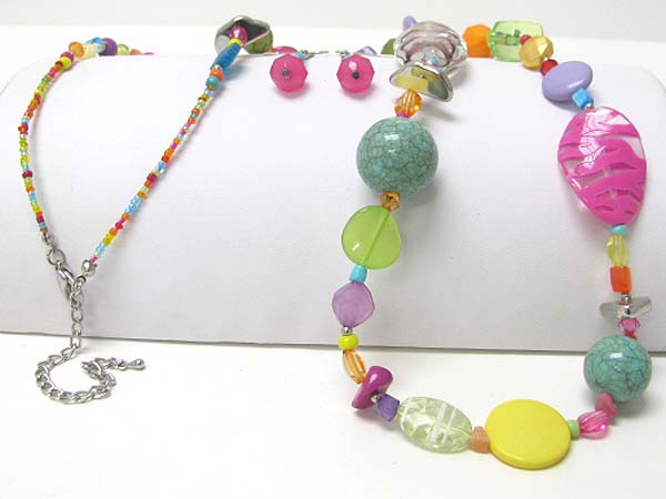 Ceramic and acryl mixed beads long necklace earring set