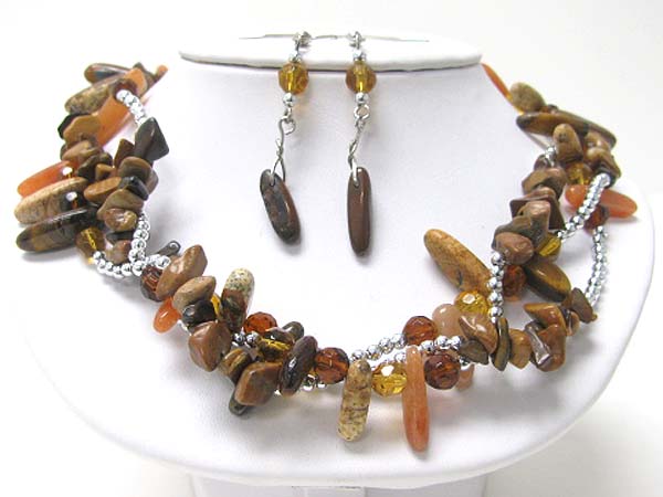 Twisted tri line natural chip stone necklace earring set