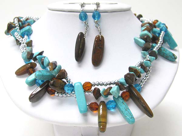 Twisted tri line natural chip stone necklace earring set