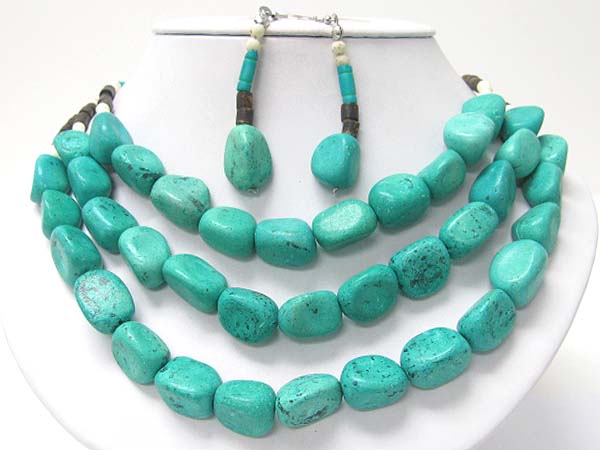 Triple layer turquoise stone necklace earring set